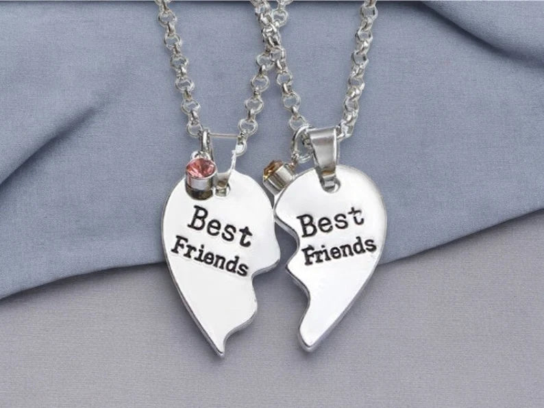 Lot de 2 Colliers D'amitié - Coeur - BFF - Best Friends Forever - Amitié - Strass - Pendentif et Chaine Argenté