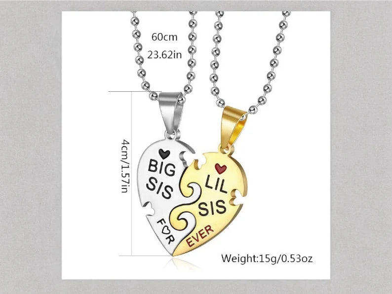 Set of 2 Sister Necklace Chains - Little Sister Big Sister Family - Fancy - Stainless Steel Heart Pendant