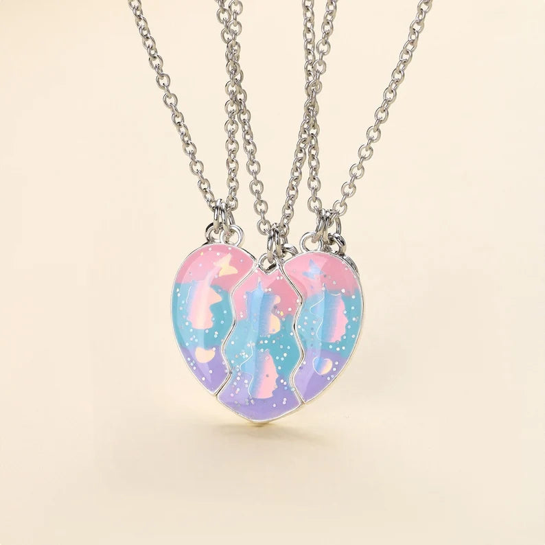 Lot de 3 Colliers D'amitié Aimantés - Coeur Licorne Paillettes - BFF - Best Friends Forever - Amitié - Pendentif Aimanté - Mignon