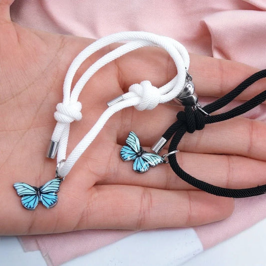 Lot de 2 Bracelets D'amitié Cordon Réglable - Papillons - BFF - Best Friends Forever - Amitié - Pendentif Aimanté Coeur