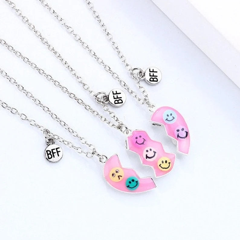 Lot de 3 Colliers D'amitié Aimantés - Coeur Paillettes Smiley - BFF - Best Friends Forever - Amitié - A Partager - Mignon