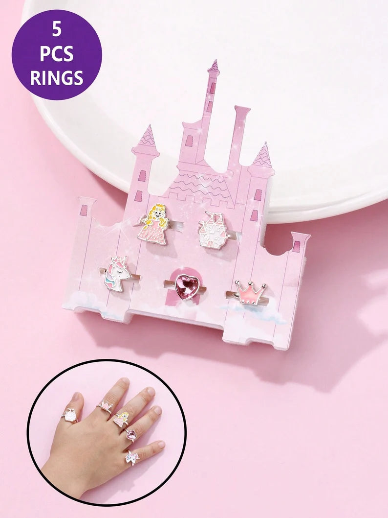 LOT de 5 Bagues Réglables pour Enfants - Boite Cadeau en forme de Chateau de Princesse