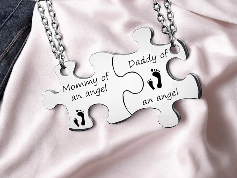 Set of 2 Couple Puzzle Necklaces Chains Father Mother of an Angel - BFF Best Friends - Fantasy - Silver Chain Pendant - Stainless Steel