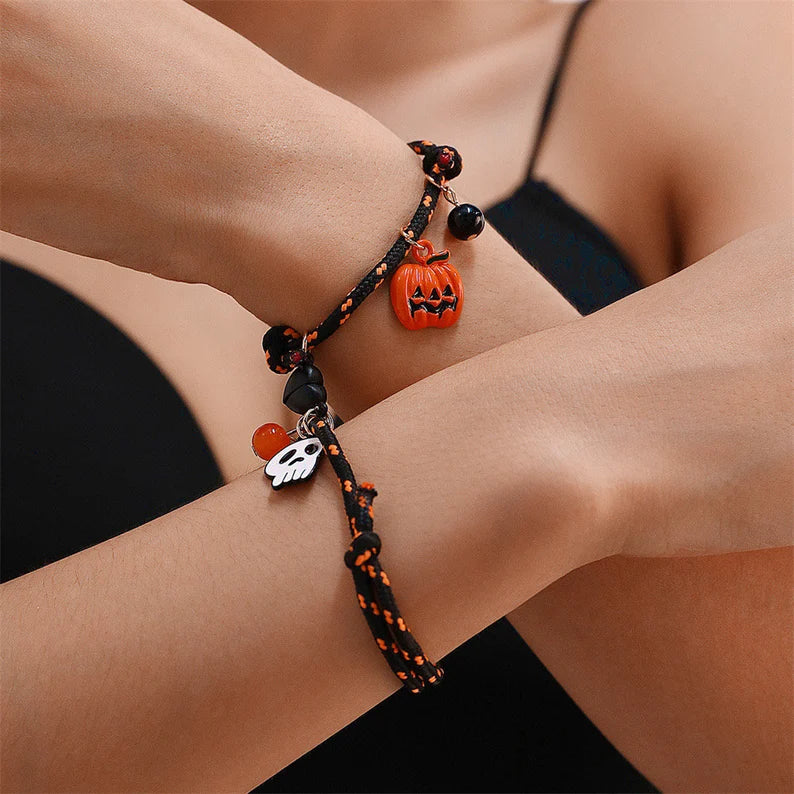 Set of 2 Pumpkin Grim Reaper Friendship Elastic Cord Bracelets - Pumpkin Skull - BFF Best Friends - Halloween Heart Magnetic Pendant