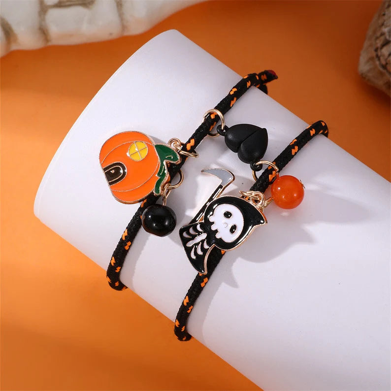 Set of 2 Pumpkin Grim Reaper Friendship Elastic Cord Bracelets - Pumpkin Skull - BFF Best Friends - Halloween Heart Magnetic Pendant