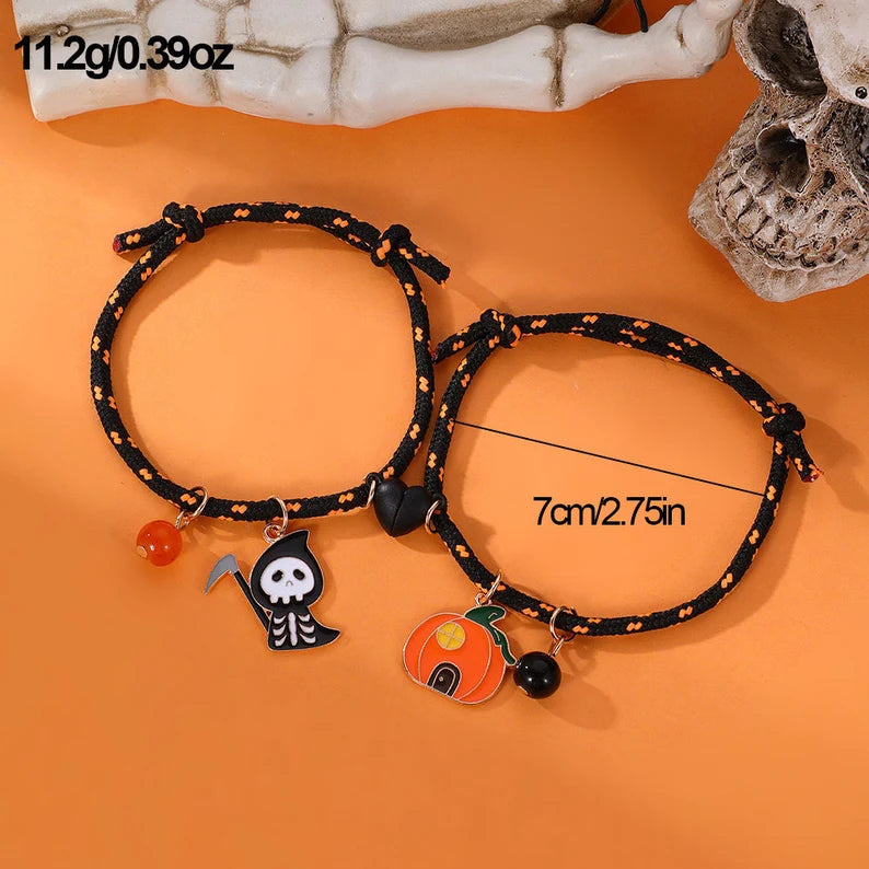 Set of 2 Pumpkin Grim Reaper Friendship Elastic Cord Bracelets - Pumpkin Skull - BFF Best Friends - Halloween Heart Magnetic Pendant