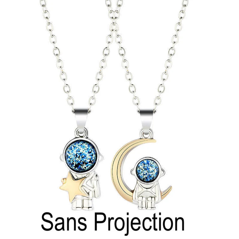 Set of 2 Chains Friendship Necklaces Projection Message Love Multiple Languages - Astronaut - BFF Best Friends - Fantasy - Lovers Couple