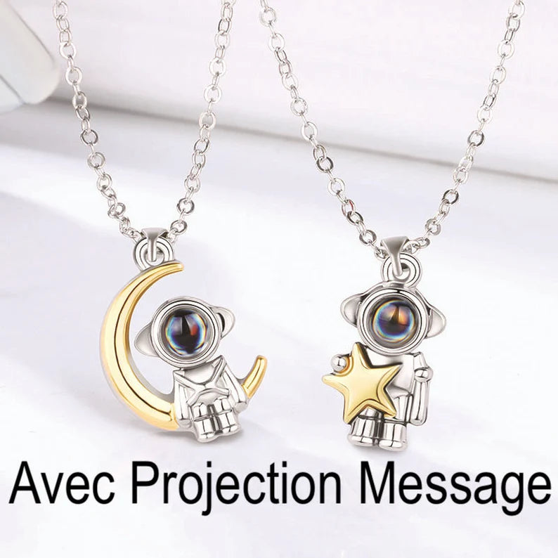 Set of 2 Chains Friendship Necklaces Projection Message Love Multiple Languages - Astronaut - BFF Best Friends - Fantasy - Lovers Couple