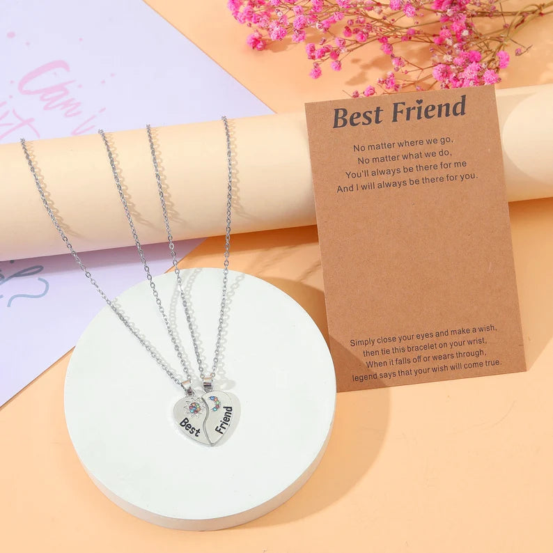 Set of 2 Heart Friendship Necklaces - BFF Best Friends Forever - Fantasy - Silver Pendant and Chain