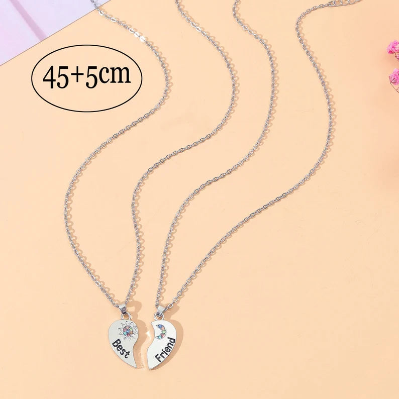 Set of 2 Heart Friendship Necklaces - BFF Best Friends Forever - Fantasy - Silver Pendant and Chain