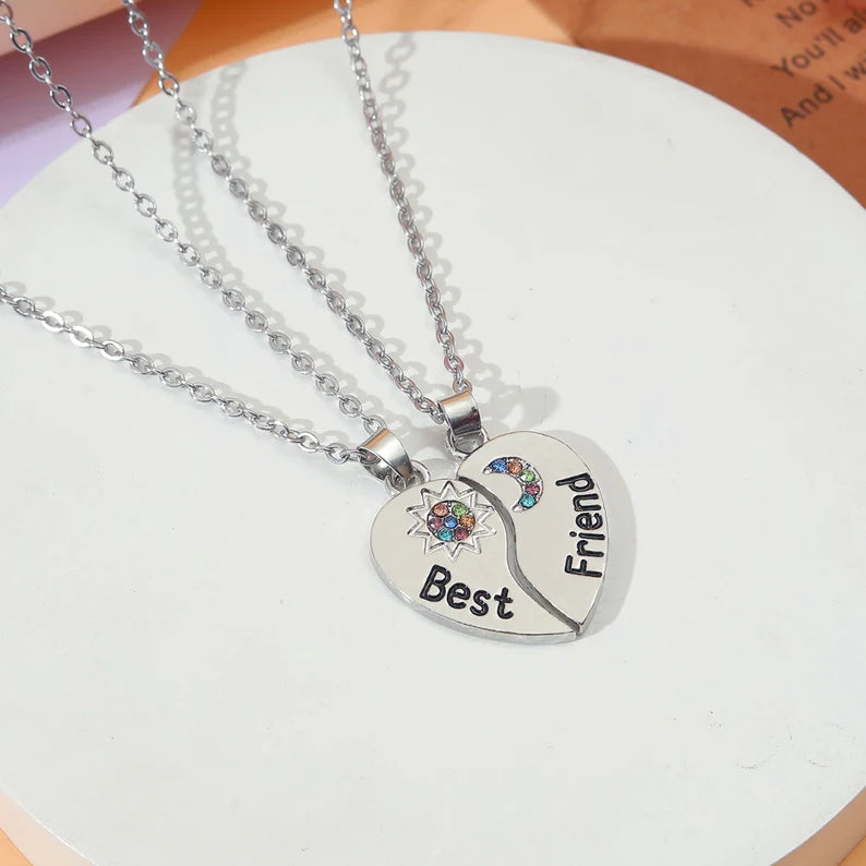 Set of 2 Heart Friendship Necklaces - BFF Best Friends Forever - Fantasy - Silver Pendant and Chain