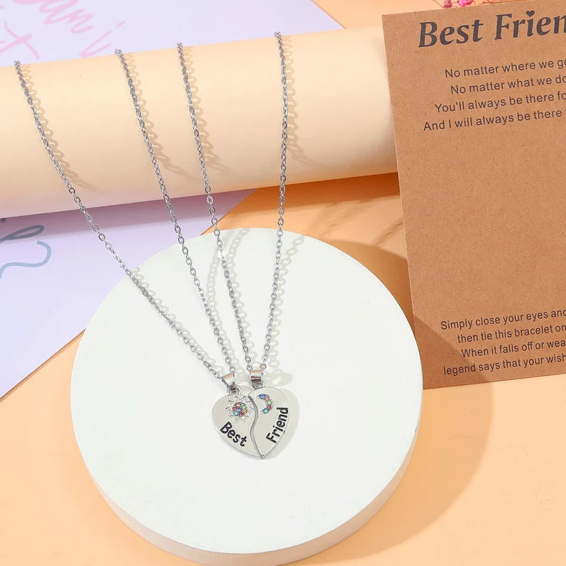 Set of 2 Heart Friendship Necklaces - BFF Best Friends Forever - Fantasy - Silver Pendant and Chain
