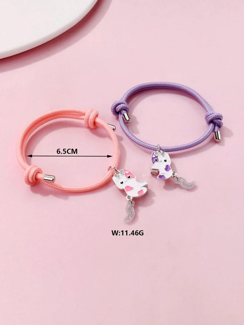KINDER – Set mit 2 verstellbaren Freundschaftsarmbändern, kleine Katze – BFF, beste Freunde für immer – Fantasie – phosphoreszierender magnetischer Anhänger