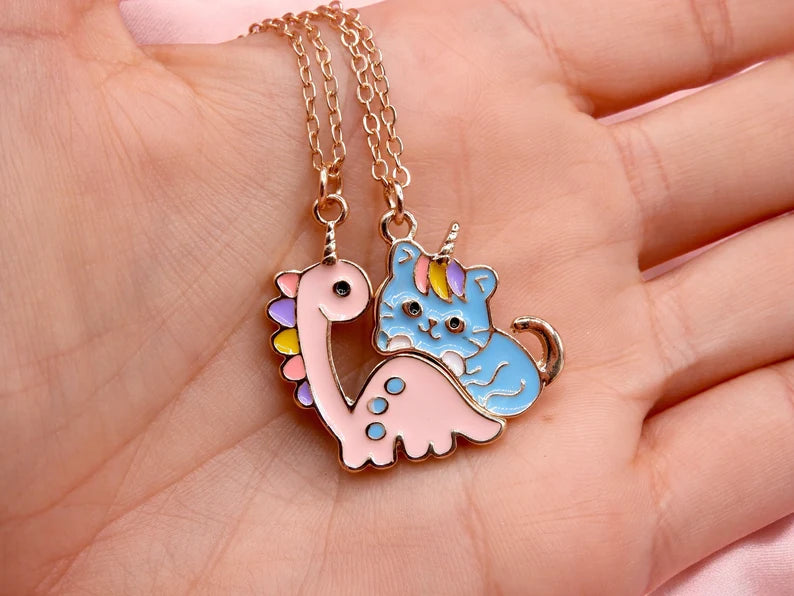CHILD - Set of 2 Cute Unicorn Cat Dinosaur Friendship Necklaces - BFF Best Friends Forever - Fantasy - Magnetic Pendant