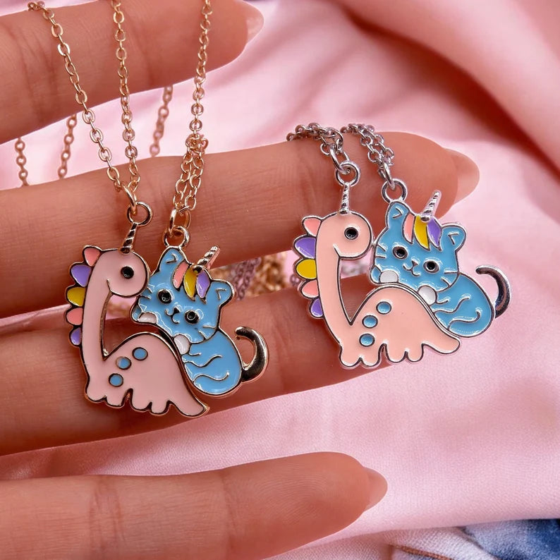 CHILD - Set of 2 Cute Unicorn Cat Dinosaur Friendship Necklaces - BFF Best Friends Forever - Fantasy - Magnetic Pendant