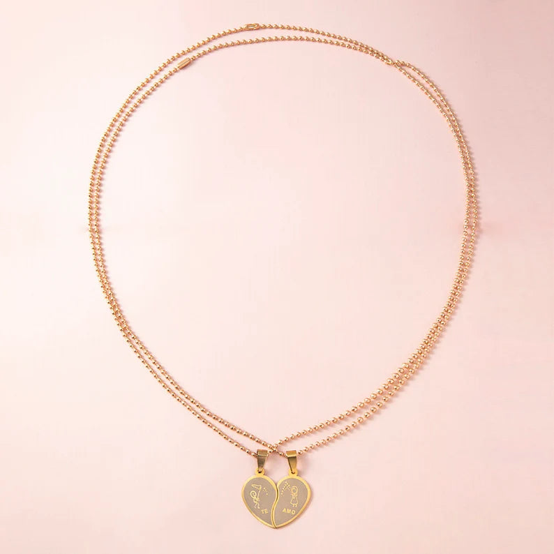 Lot de 2 Colliers D'amitié Couple Amoureux - Coeur - Te Amo - BFF - Best Friends Forever - Pendentif Chaine Doré - Amitié