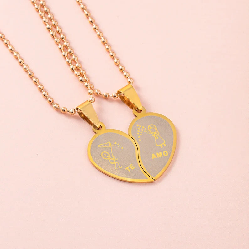 Lot de 2 Colliers D'amitié Couple Amoureux - Coeur - Te Amo - BFF - Best Friends Forever - Pendentif Chaine Doré - Amitié