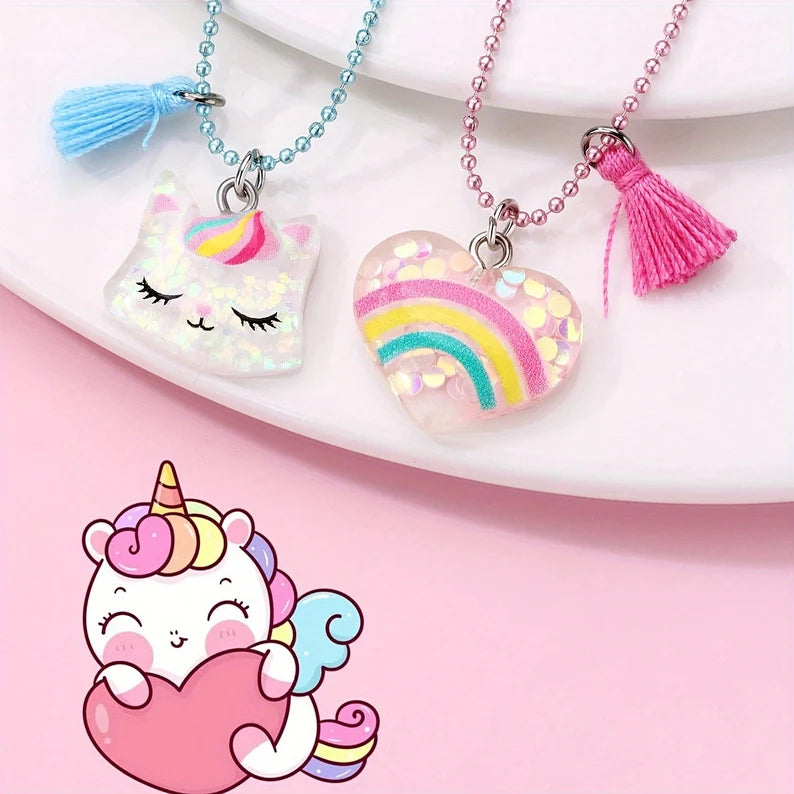 Lot de 2 Colliers D'amitié - Chat Licorne Coeur - BFF - Best Friends Forever - Amitié - Pendentif Résine Arc en Ciel