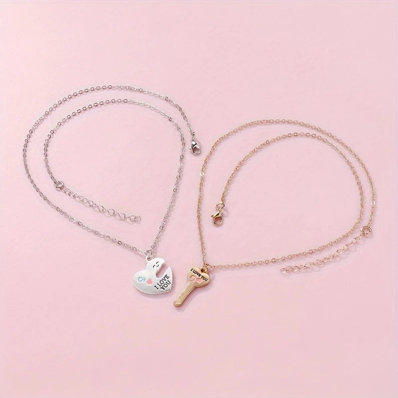 Lot de 2 Colliers D'amitié - Coeur et Clé - BFF - Best Friends Forever - Pendentif Doré Argenté - Amoureux Couple Amitié