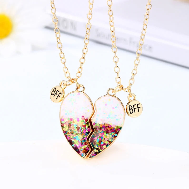 CHILDREN - Set of 2 Glitter Heart Friendship Necklace Chains - BFF Best Friends Forever - Fancy - Magnetic Pendant with Gold Chain