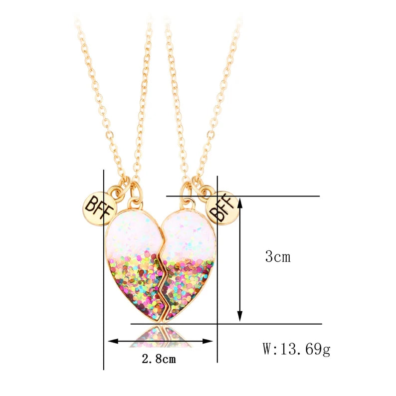 CHILDREN - Set of 2 Glitter Heart Friendship Necklace Chains - BFF Best Friends Forever - Fancy - Magnetic Pendant with Gold Chain