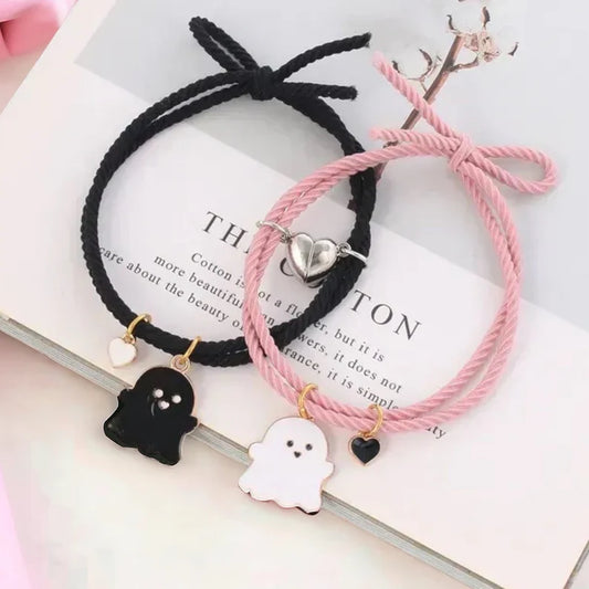 Lot de 2 Bracelets D'amitié Cordon Elastique - Petit Fantôme - BFF - Best Friends Forever - Fantaisie - Pendentif Aimanté Coeur