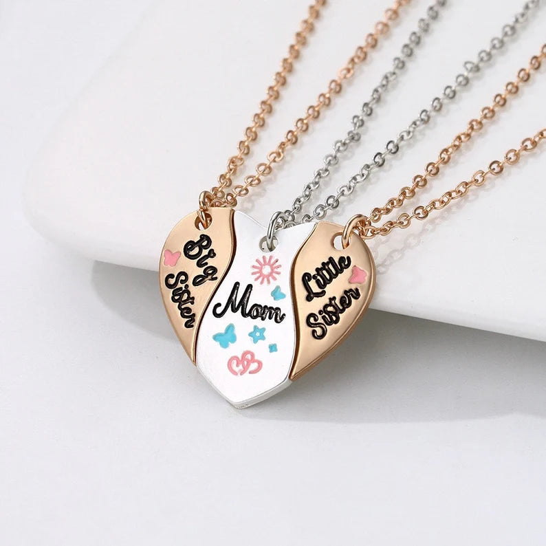 Lot de 3 Colliers Coeur - Mère Filles - Famille Parents Enfant Maman Soeur Filles - Pendentif Coeur