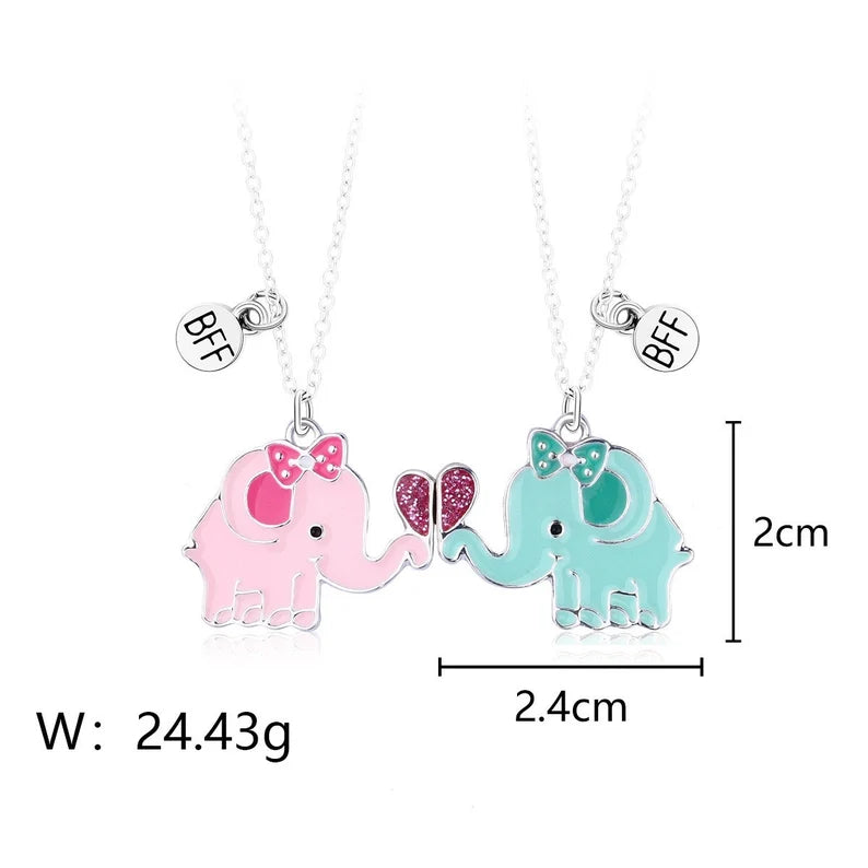 CHILD - Set of 2 Elephant Friendship Necklaces - BFF Best Friends Forever - Fantasy - Magnetic Pendant - Silver or Gold