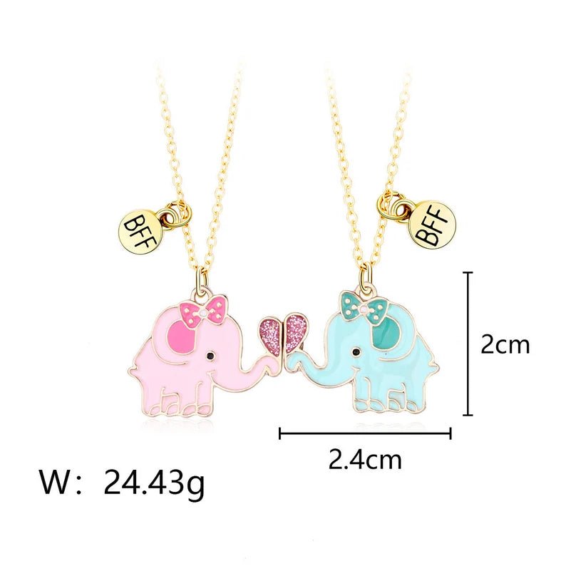 CHILD - Set of 2 Elephant Friendship Necklaces - BFF Best Friends Forever - Fantasy - Magnetic Pendant - Silver or Gold