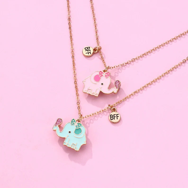 CHILD - Set of 2 Elephant Friendship Necklaces - BFF Best Friends Forever - Fantasy - Magnetic Pendant - Silver or Gold