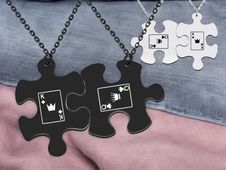 Lot de 2 Colliers D'amitié Couple - Puzzle - Roi  Reine - BFF - Best Friends - Pendentif Chaine Argenté Noire - Acier Inoxydable