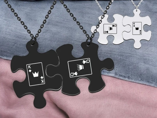 Lot de 2 Colliers D'amitié Couple - Puzzle - Roi  Reine - BFF - Best Friends - Pendentif Chaine Argenté Noire - Acier Inoxydable