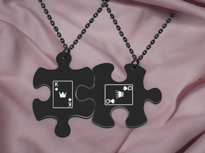 Lot de 2 Colliers D'amitié Couple - Puzzle - Roi  Reine - BFF - Best Friends - Pendentif Chaine Argenté Noire - Acier Inoxydable