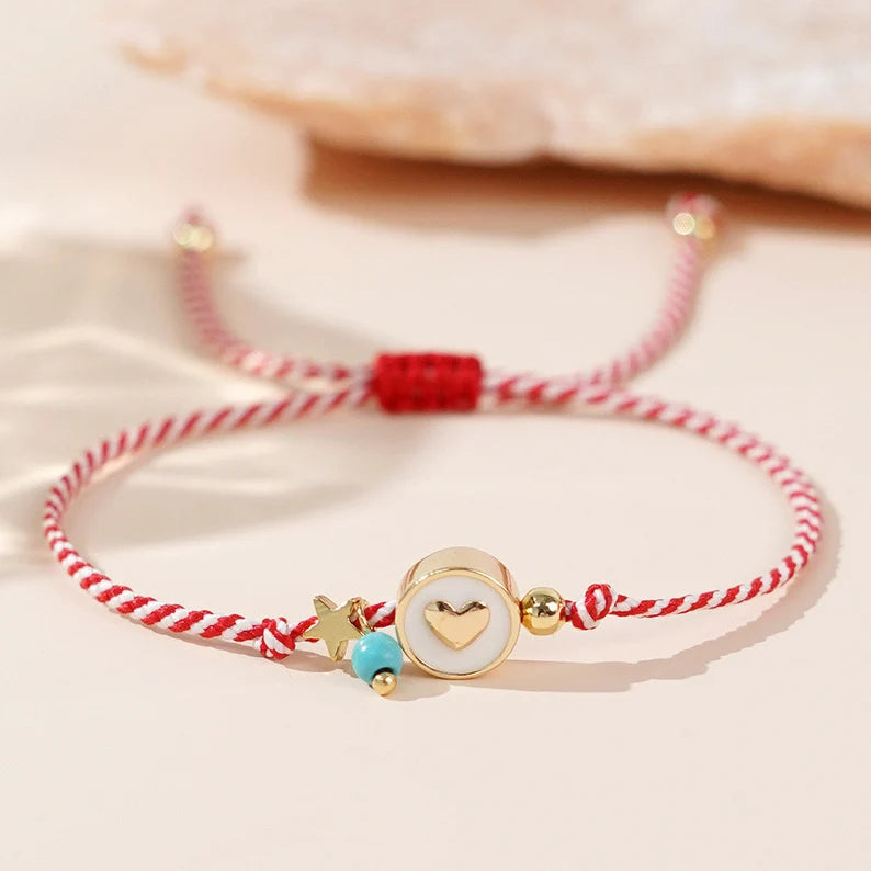 Bracelet Cordon Réglable avec Carte - Coeur Coccinelle Mauvais Oeil - Cordon Rouge Blanc