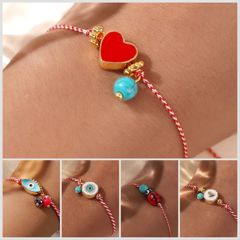Bracelet Cordon Réglable avec Carte - Coeur Coccinelle Mauvais Oeil - Cordon Rouge Blanc