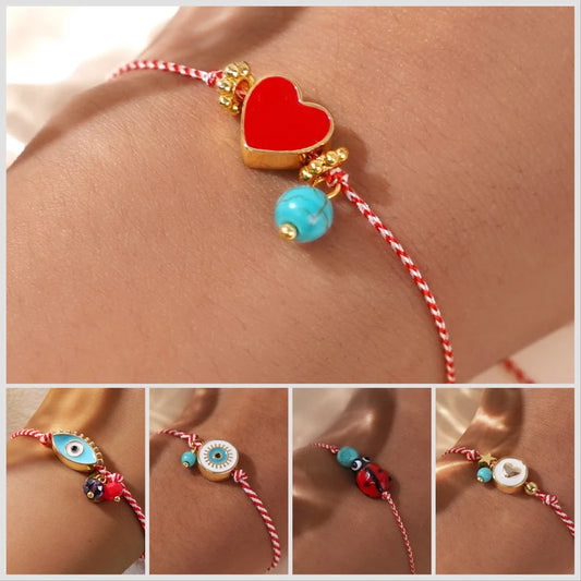 Bracelet Cordon Réglable avec Carte - Coeur Coccinelle Mauvais Oeil - Cordon Rouge Blanc