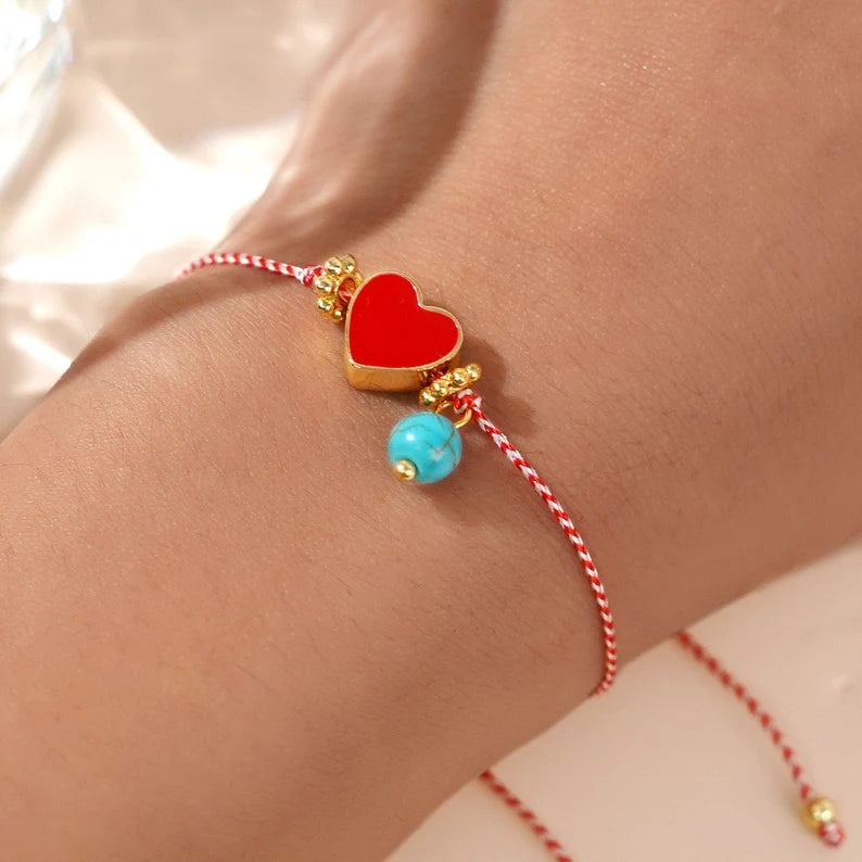 Bracelet Cordon Réglable avec Carte - Coeur Coccinelle Mauvais Oeil - Cordon Rouge Blanc