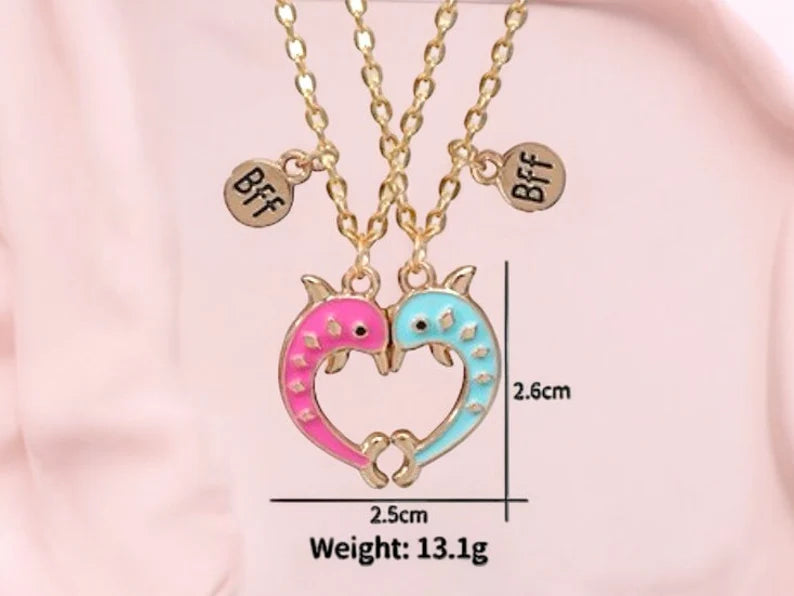 CHILDREN - Set of 2 Dolphin Heart Friendship Necklace Chains - BFF Best Friends Forever - Fancy - Magnetic Pendant with Gold Chain