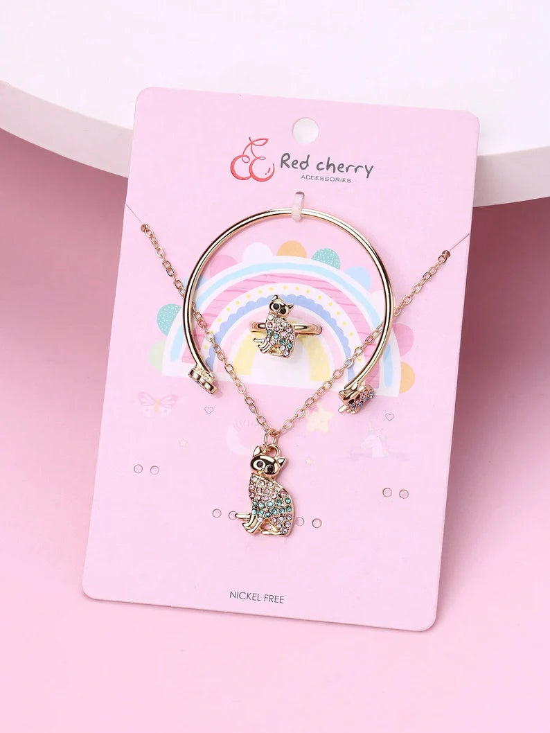 Parure 3 pièces avec Carte - Collier Bracelet Bague - Chat Chaton - Fantaisie - Amoureux des Chats - Mignon Doré Strass