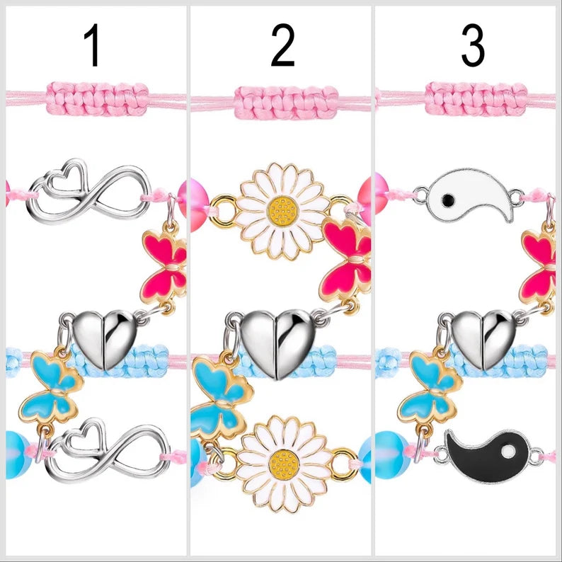 Set mit 2 verstellbaren Freundschaftsarmbändern aus Kordel, Beste Freunde, Gänseblümchen, Schmetterling – BFF, beste Freunde – magnetischer Anhänger – Liebhaber – Paar