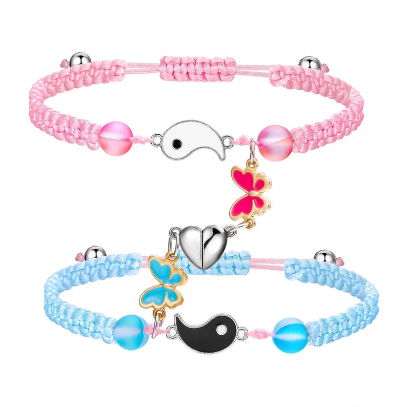 Set mit 2 verstellbaren Freundschaftsarmbändern aus Kordel, Beste Freunde, Gänseblümchen, Schmetterling – BFF, beste Freunde – magnetischer Anhänger – Liebhaber – Paar