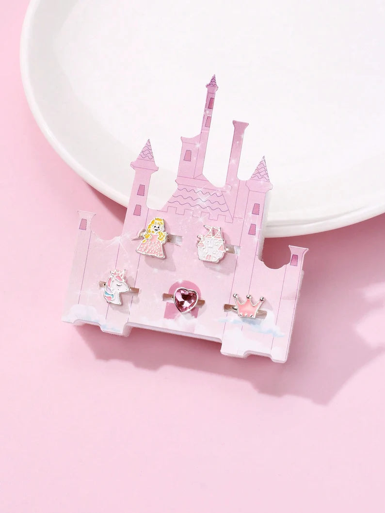 LOT de 5 Bagues Réglables pour Enfants - Boite Cadeau en forme de Chateau de Princesse
