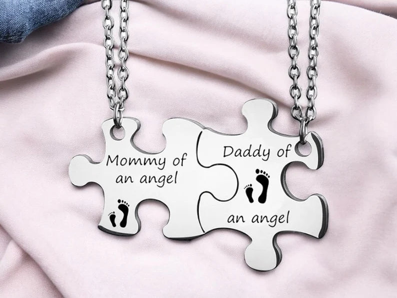 Set of 2 Couple Puzzle Necklaces Chains Father Mother of an Angel - BFF Best Friends - Fantasy - Silver Chain Pendant - Stainless Steel