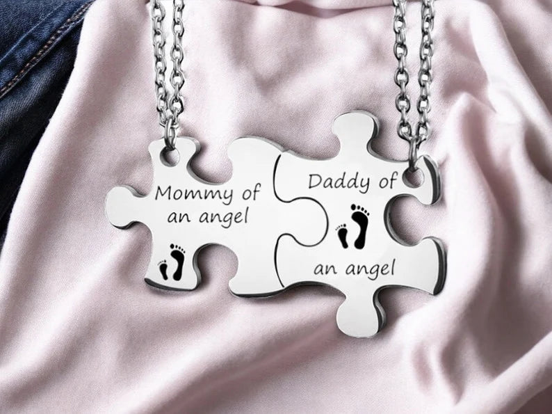 Set of 2 Couple Puzzle Necklaces Chains Father Mother of an Angel - BFF Best Friends - Fantasy - Silver Chain Pendant - Stainless Steel