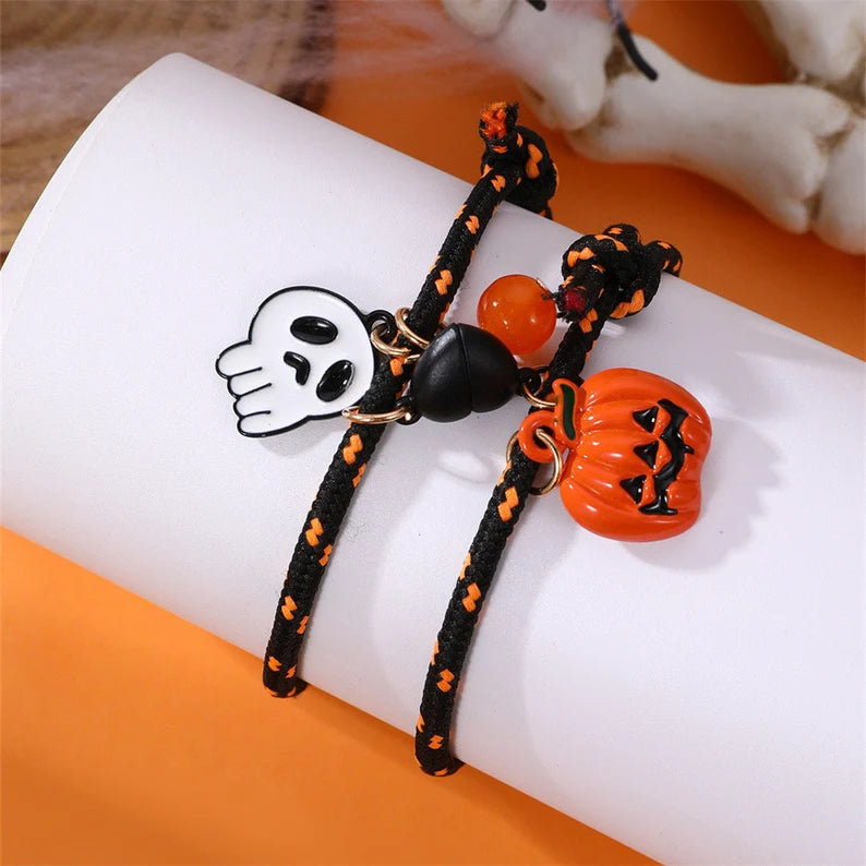 Set of 2 Pumpkin Grim Reaper Friendship Elastic Cord Bracelets - Pumpkin Skull - BFF Best Friends - Halloween Heart Magnetic Pendant