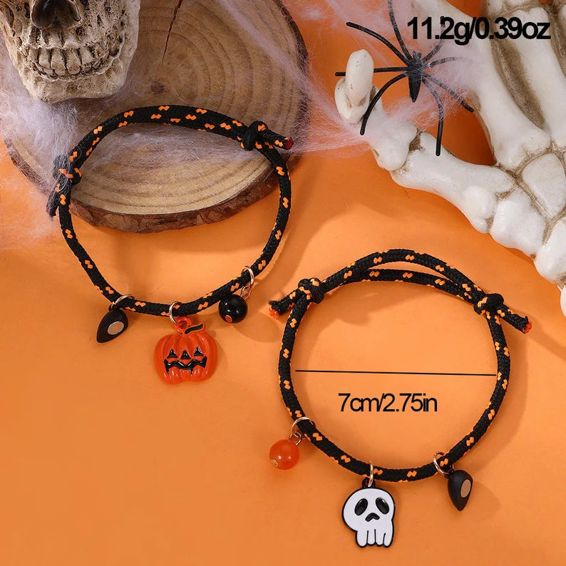 Set of 2 Pumpkin Grim Reaper Friendship Elastic Cord Bracelets - Pumpkin Skull - BFF Best Friends - Halloween Heart Magnetic Pendant