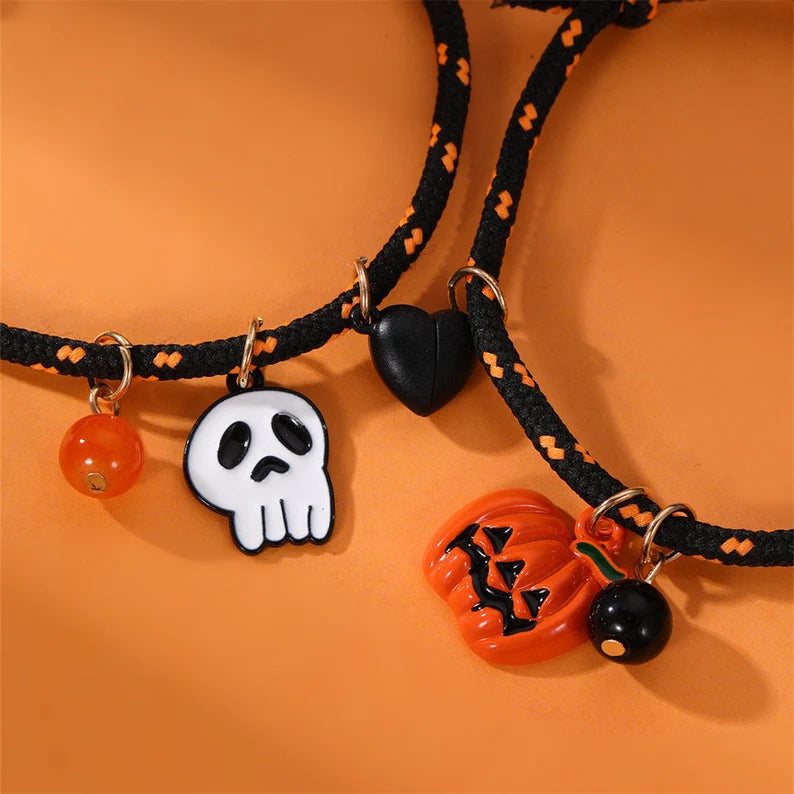 Set of 2 Pumpkin Grim Reaper Friendship Elastic Cord Bracelets - Pumpkin Skull - BFF Best Friends - Halloween Heart Magnetic Pendant