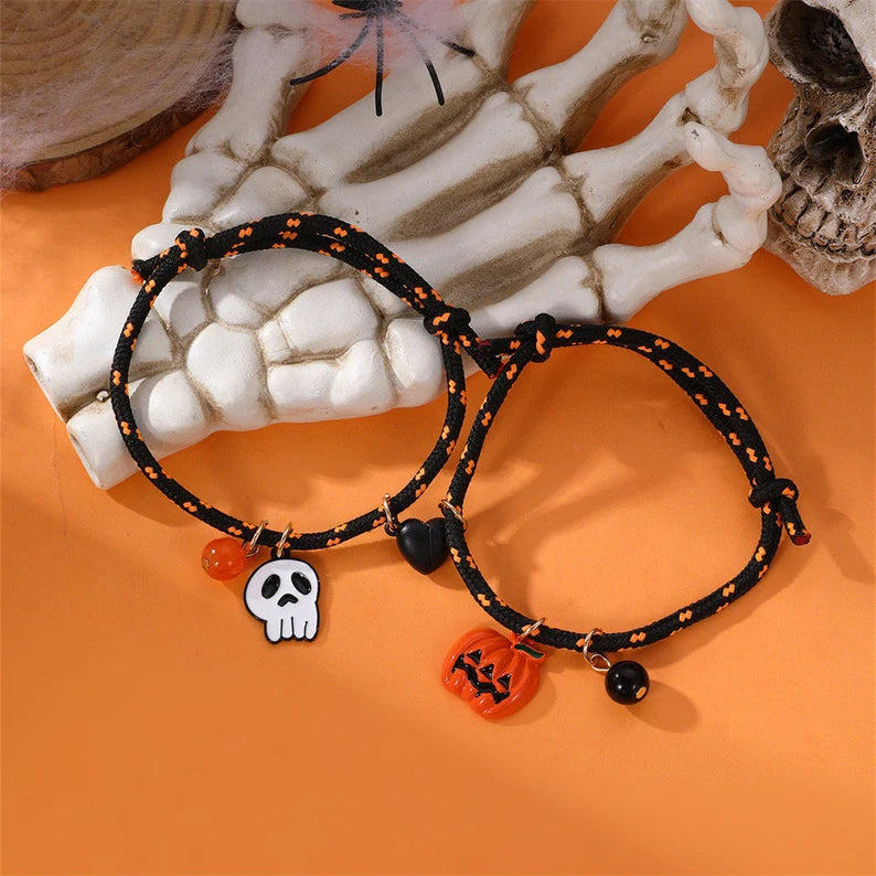 Set of 2 Pumpkin Grim Reaper Friendship Elastic Cord Bracelets - Pumpkin Skull - BFF Best Friends - Halloween Heart Magnetic Pendant