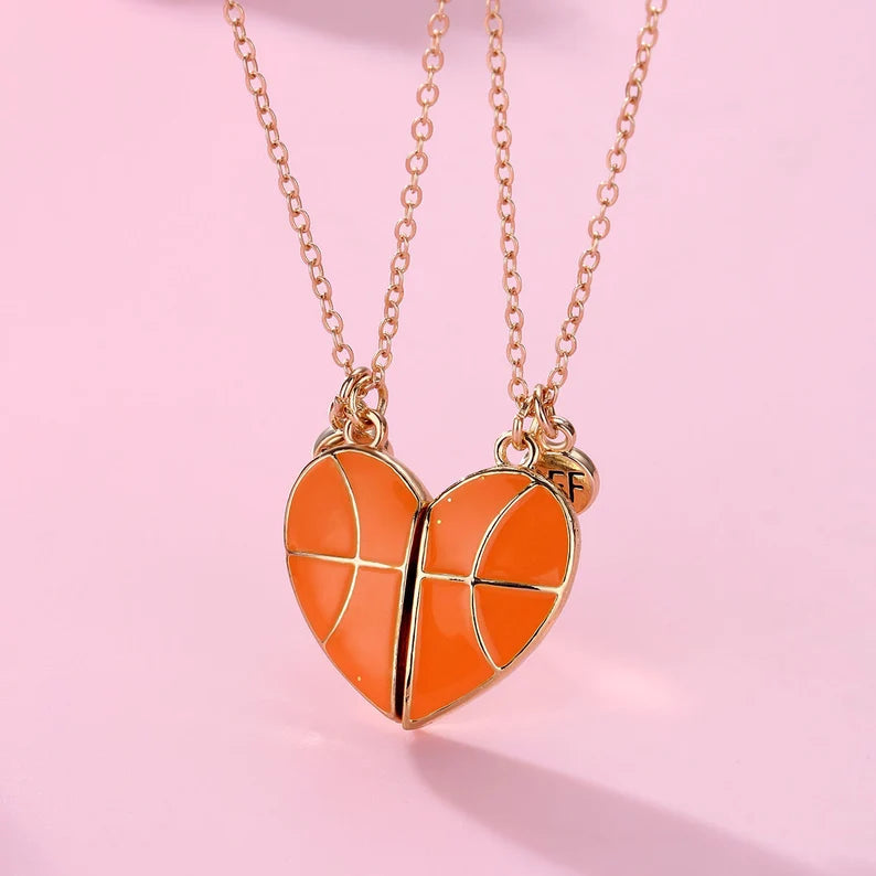 Lot de 2 Colliers D'amitié Aimanté - Coeur Ballon de Basket - BFF - Best Friends Forever - Pendentif Aimanté - Amoureux Couple Amitié