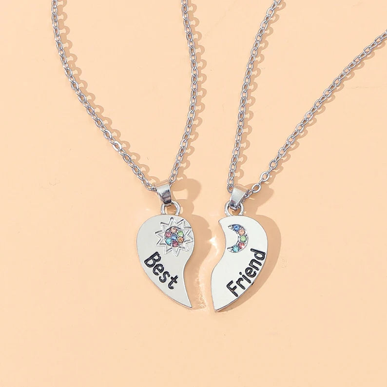 Set of 2 Heart Friendship Necklaces - BFF Best Friends Forever - Fantasy - Silver Pendant and Chain